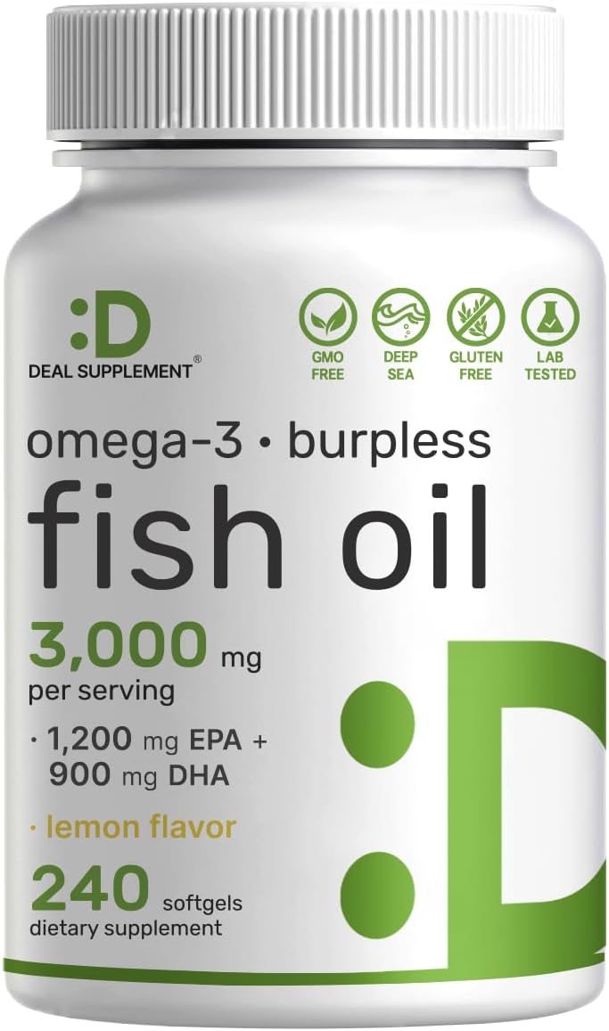 High Potency Omega 3 Fish Oil Supplements - 3,000mg Per Serving, 240 Softgels - EPA 1,200mg + DHA 900mg - Lemon Flavored, Wild Caught - Brain & Heart Support - Non-GMO, Mercury Free