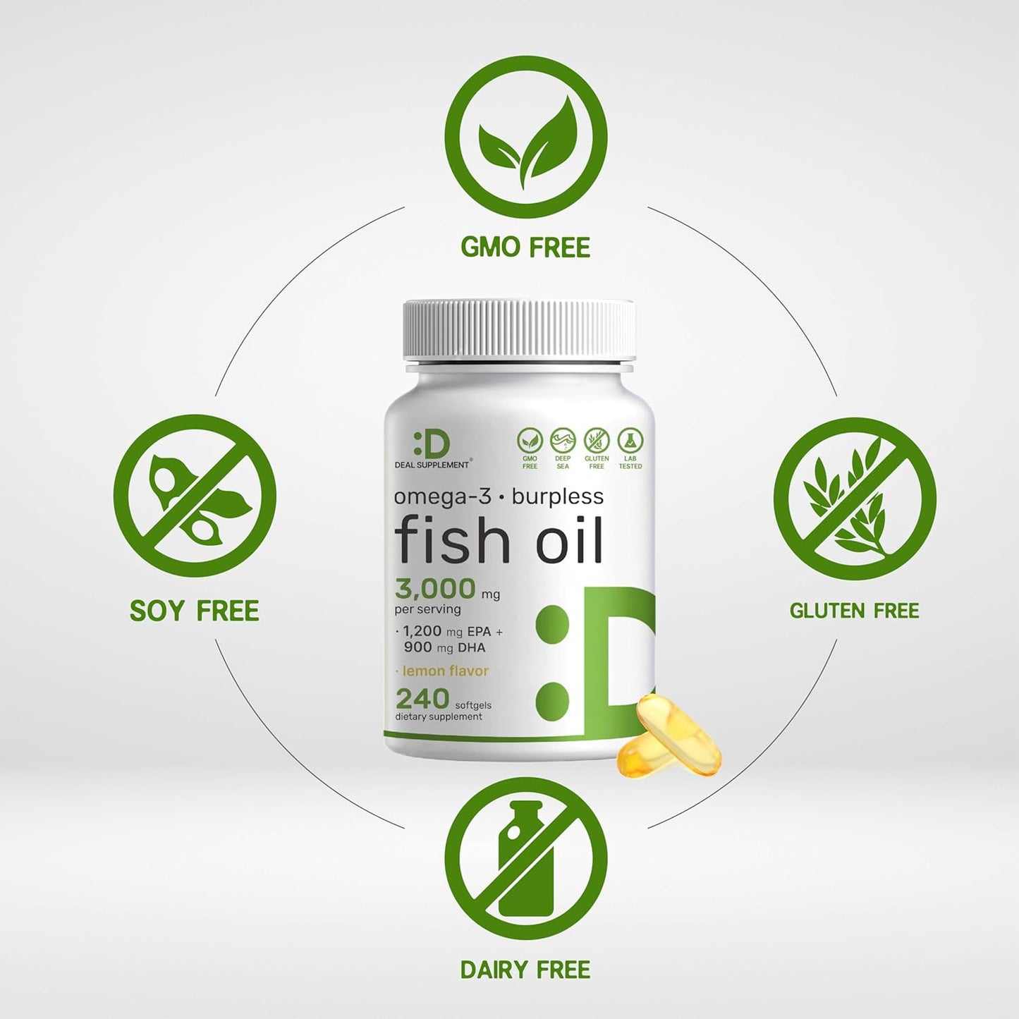High Potency Omega 3 Fish Oil Supplements - 3,000mg Per Serving, 240 Softgels - EPA 1,200mg + DHA 900mg - Lemon Flavored, Wild Caught - Brain & Heart Support - Non-GMO, Mercury Free