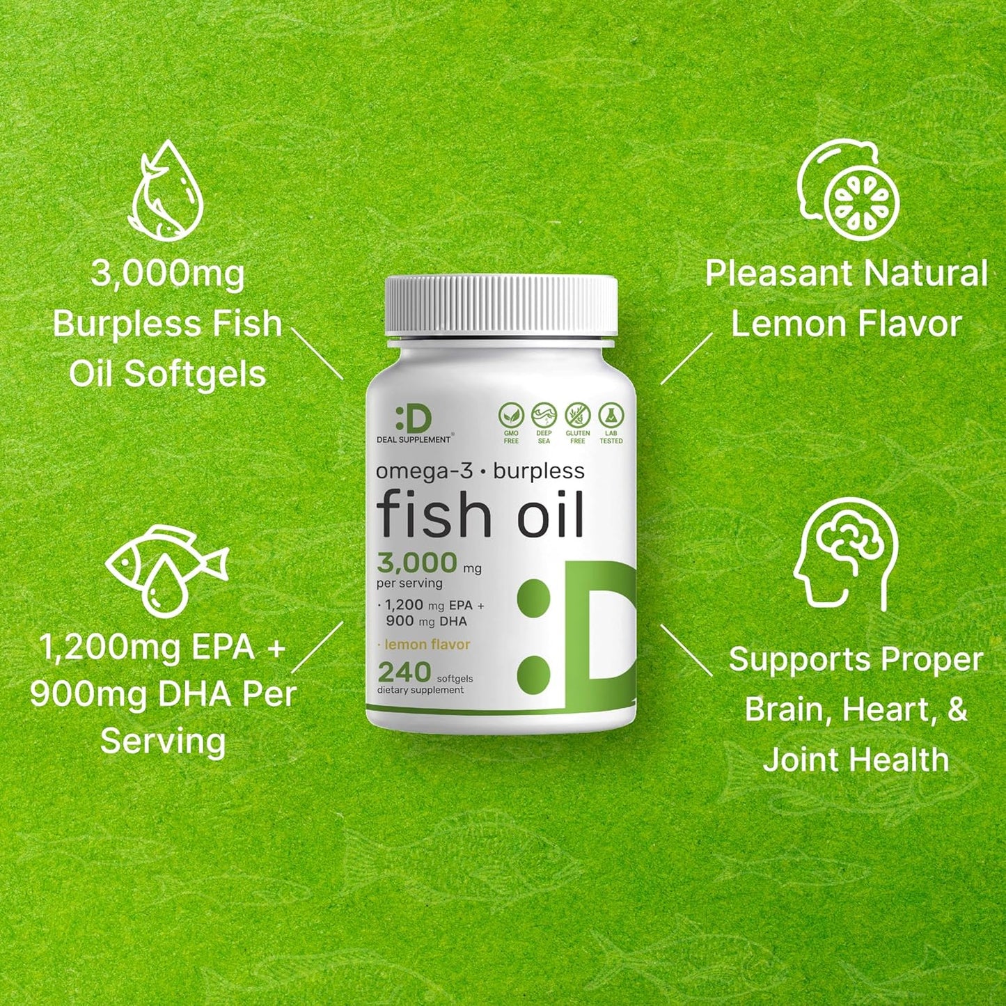 High Potency Omega 3 Fish Oil Supplements - 3,000mg Per Serving, 240 Softgels - EPA 1,200mg + DHA 900mg - Lemon Flavored, Wild Caught - Brain & Heart Support - Non-GMO, Mercury Free