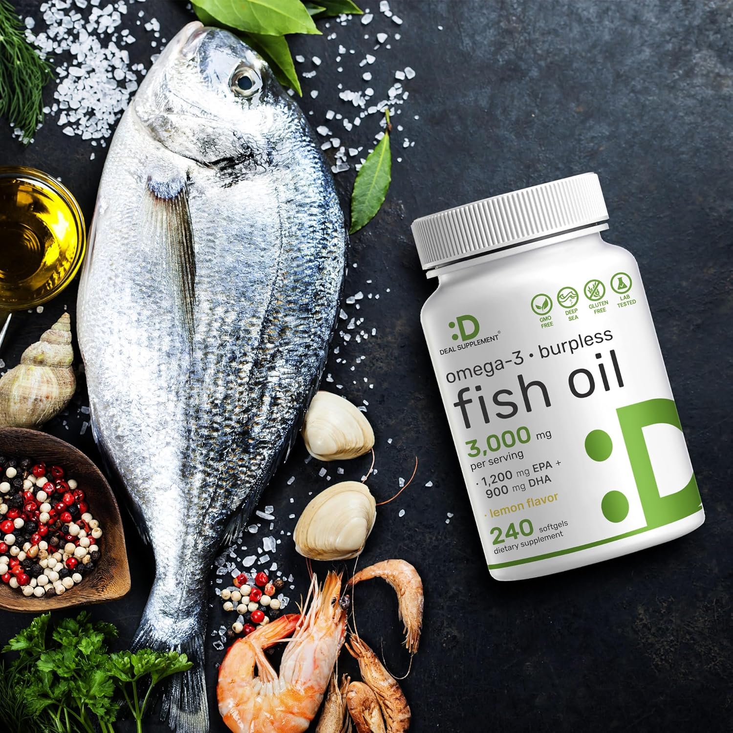 High Potency Omega 3 Fish Oil Supplements - 3,000mg Per Serving, 240 Softgels - EPA 1,200mg + DHA 900mg - Lemon Flavored, Wild Caught - Brain & Heart Support - Non-GMO, Mercury Free