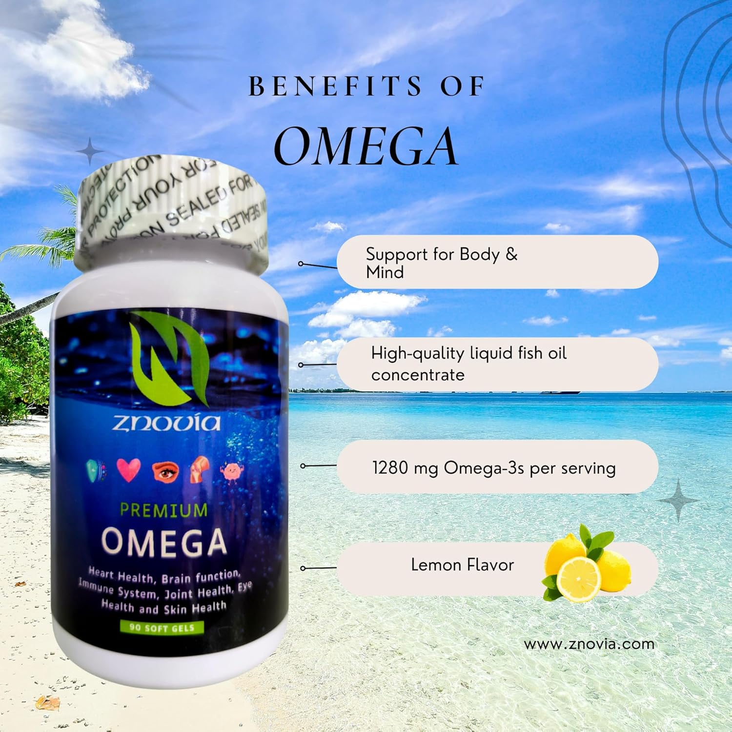 High-Potency Omega Fish Oil Supplement with EPA & DHA, 90 Soft Gels, Promotes Brain, Heart, Skin, Eye, Joint Health - Lemon Flavor