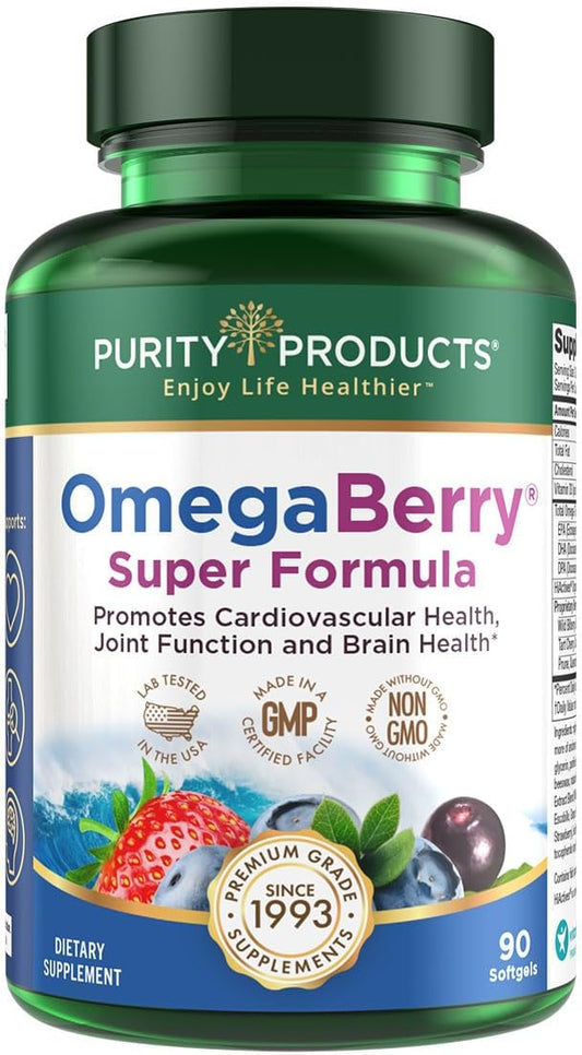 High Potency OmegaBerry Fish Oil with Vitamin D3 and Organic Acai Super Formula - 1875mg Concentrated Omega-3s - EPA 1080mg, DHA 720mg, DPA 120mg - 90 Count