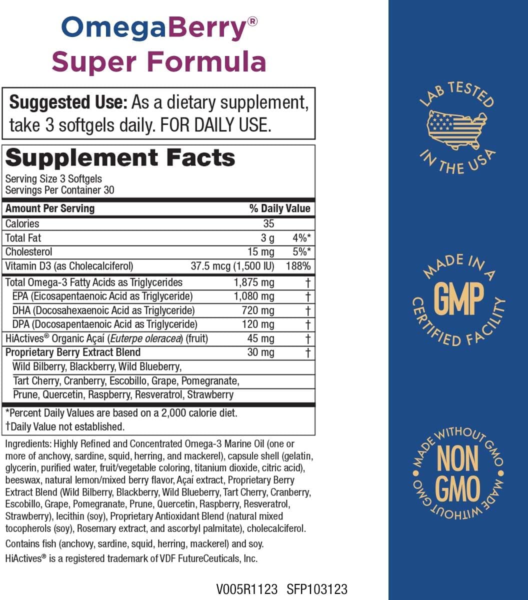 High Potency OmegaBerry Fish Oil with Vitamin D3 and Organic Acai Super Formula - 1875mg Concentrated Omega-3s - EPA 1080mg, DHA 720mg, DPA 120mg - 90 Count