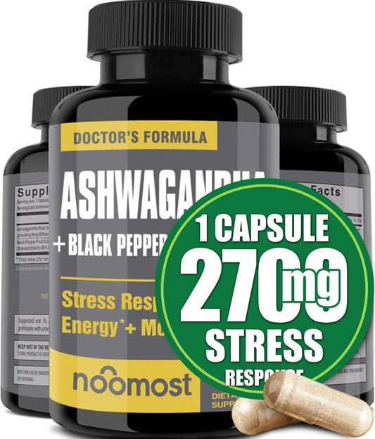 High Potency Organic Ashwagandha Capsules with Black Pepper Extract for Stress Relief and Energy Boost - Vegan Supplement for Mood Support - 2 Month Supply