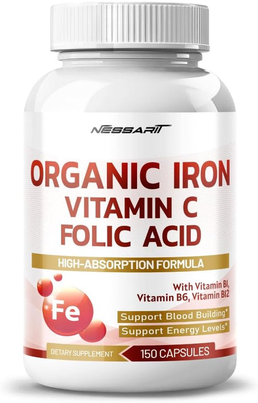 High Potency Organic Iron Supplement with Vitamin C, Folic Acid - 150 Count - USA Made & Tested - Supports Blood Building