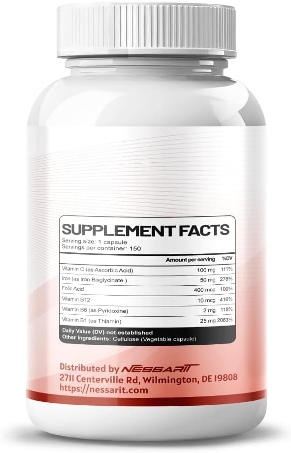 High Potency Organic Iron Supplement with Vitamin C, Folic Acid - 150 Count - USA Made & Tested - Supports Blood Building
