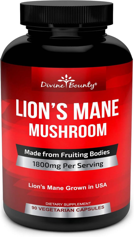 High Potency Organic Lions Mane Mushroom Capsules - 1800mg Lion's Mane Supplement - Non-GMO Extract Powder - Nootropic Brain Support - 90 Vegetarian Capsules