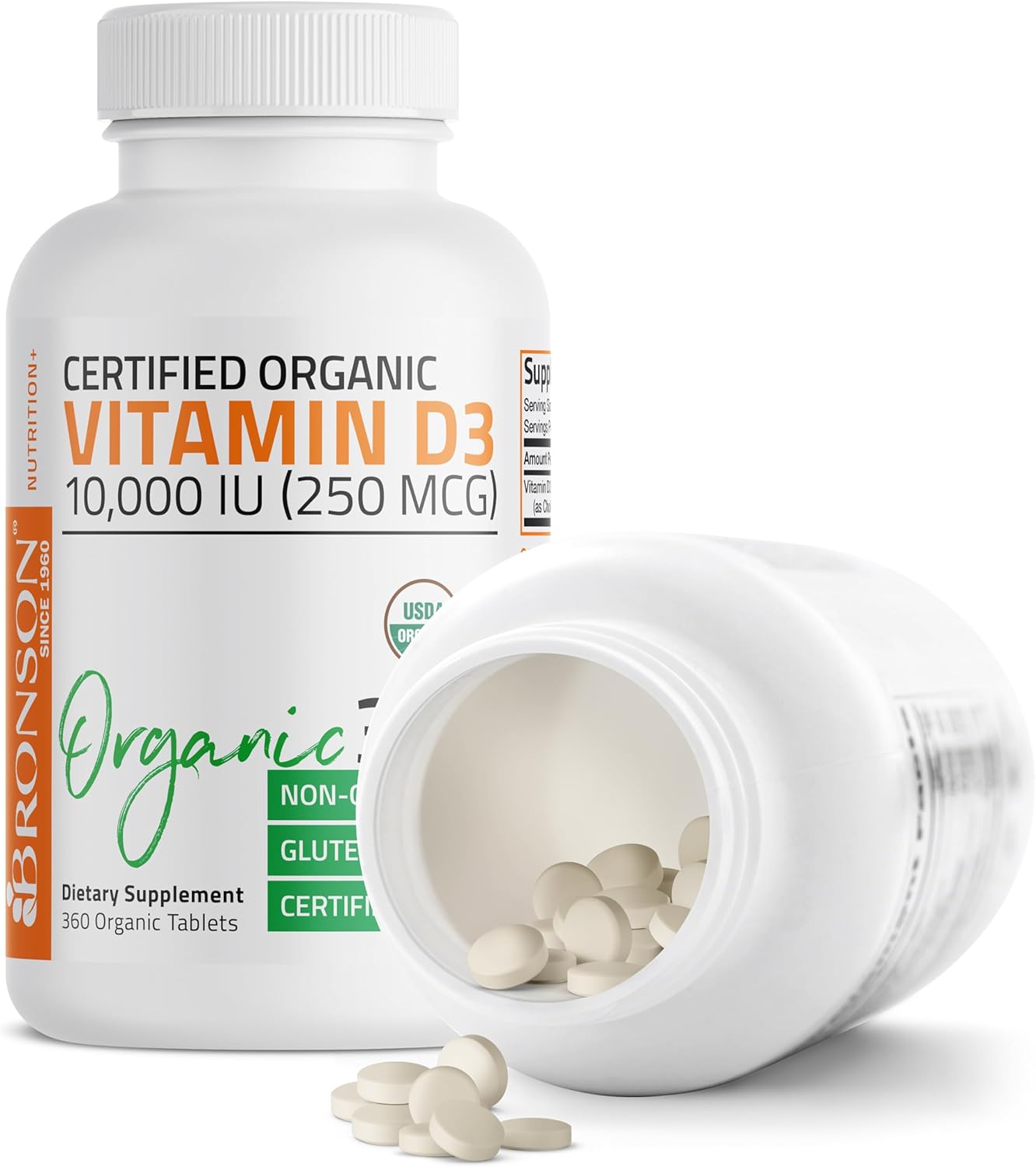 High Potency Organic Non-GMO Vitamin D3 10,000 IU (250 mcg) Supplement for Immune Support, Muscle & Bone Health - 360 Tablets