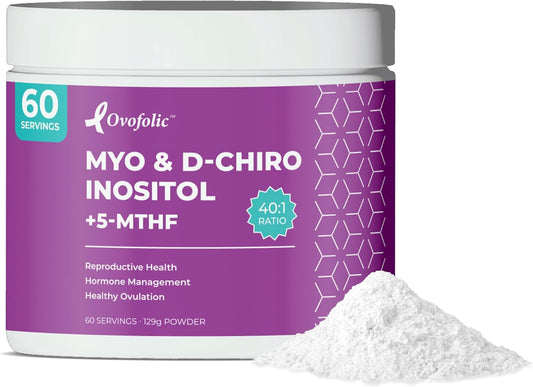 High Potency Ovofolic PCOS Supplement for Women - Supports Fertility, Hormonal Balance, PCOS - Myo-Inositol, D-Chiro Inositol, Folate - 60 Servings, 129g Jar