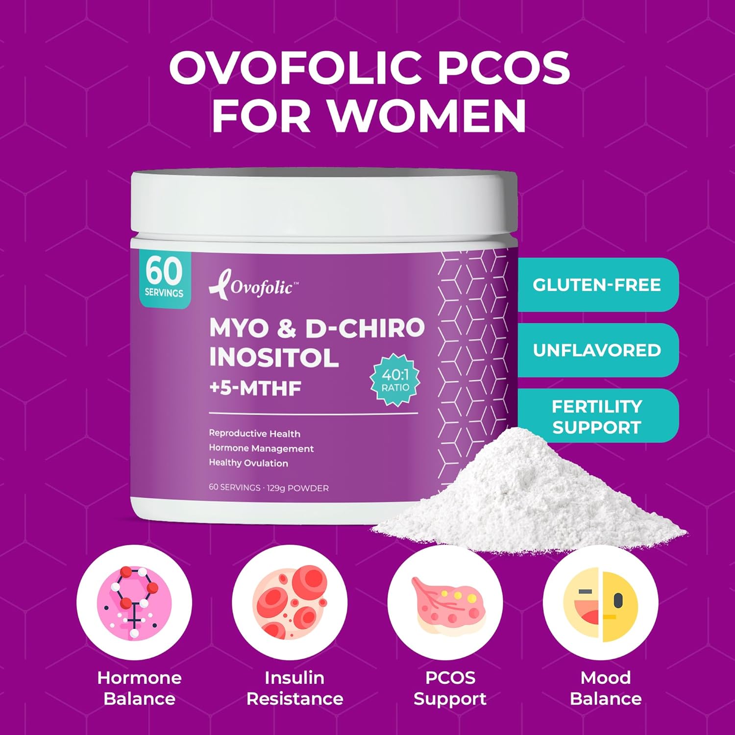 High Potency Ovofolic PCOS Supplement for Women - Supports Fertility, Hormonal Balance, PCOS - Myo-Inositol, D-Chiro Inositol, Folate - 60 Servings, 129g Jar