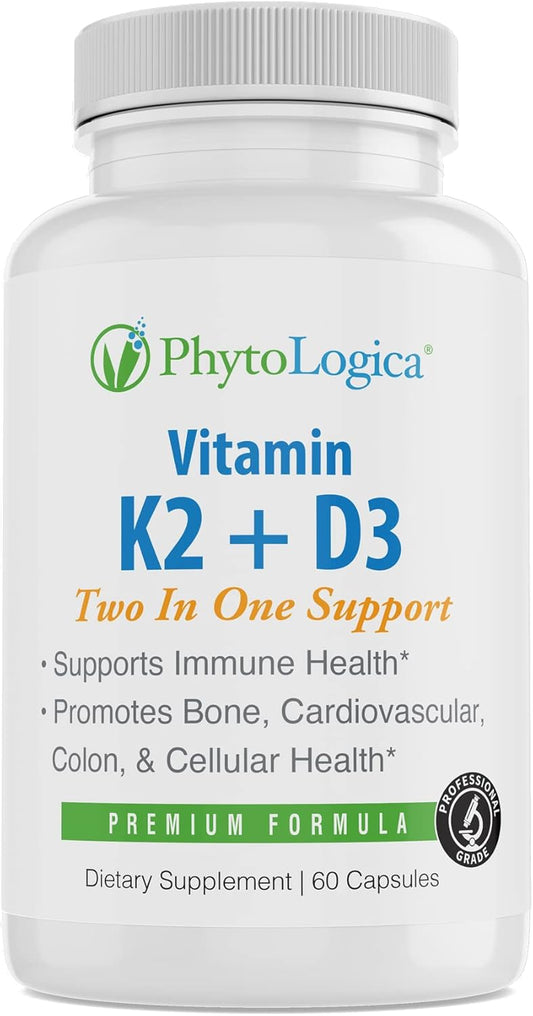 High Potency PhytoLogica Vitamin D3 K2 Supplement with Calcium for Bone & Heart Health (60 Capsules)