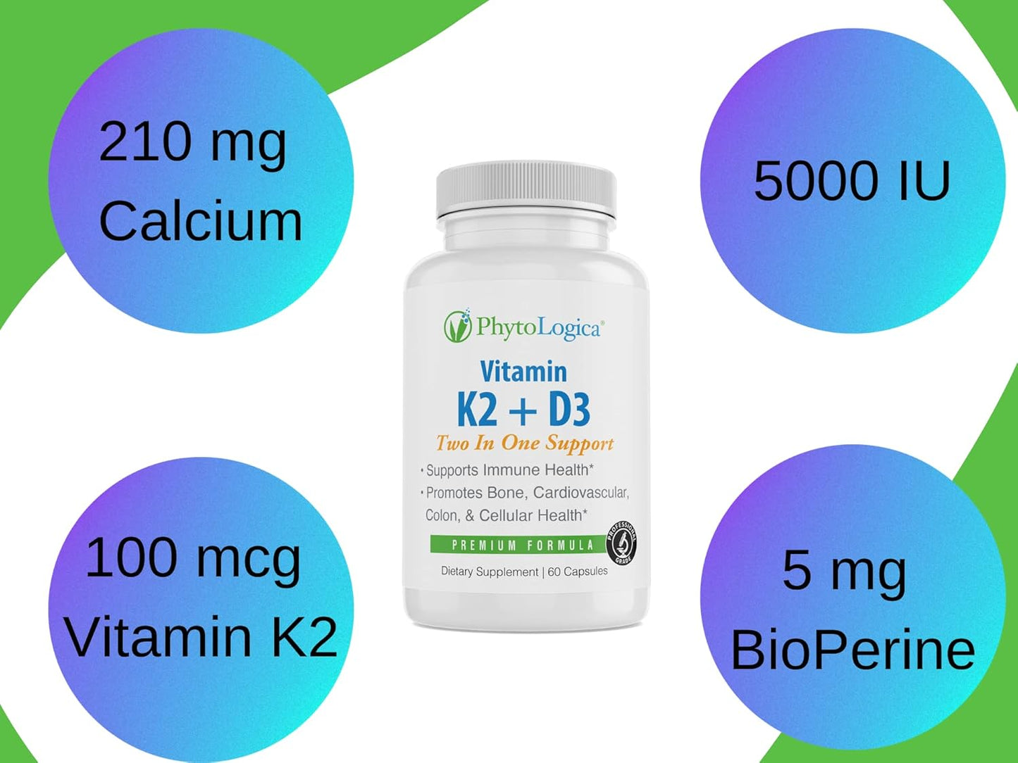High Potency PhytoLogica Vitamin D3 K2 Supplement with Calcium for Bone & Heart Health (60 Capsules)