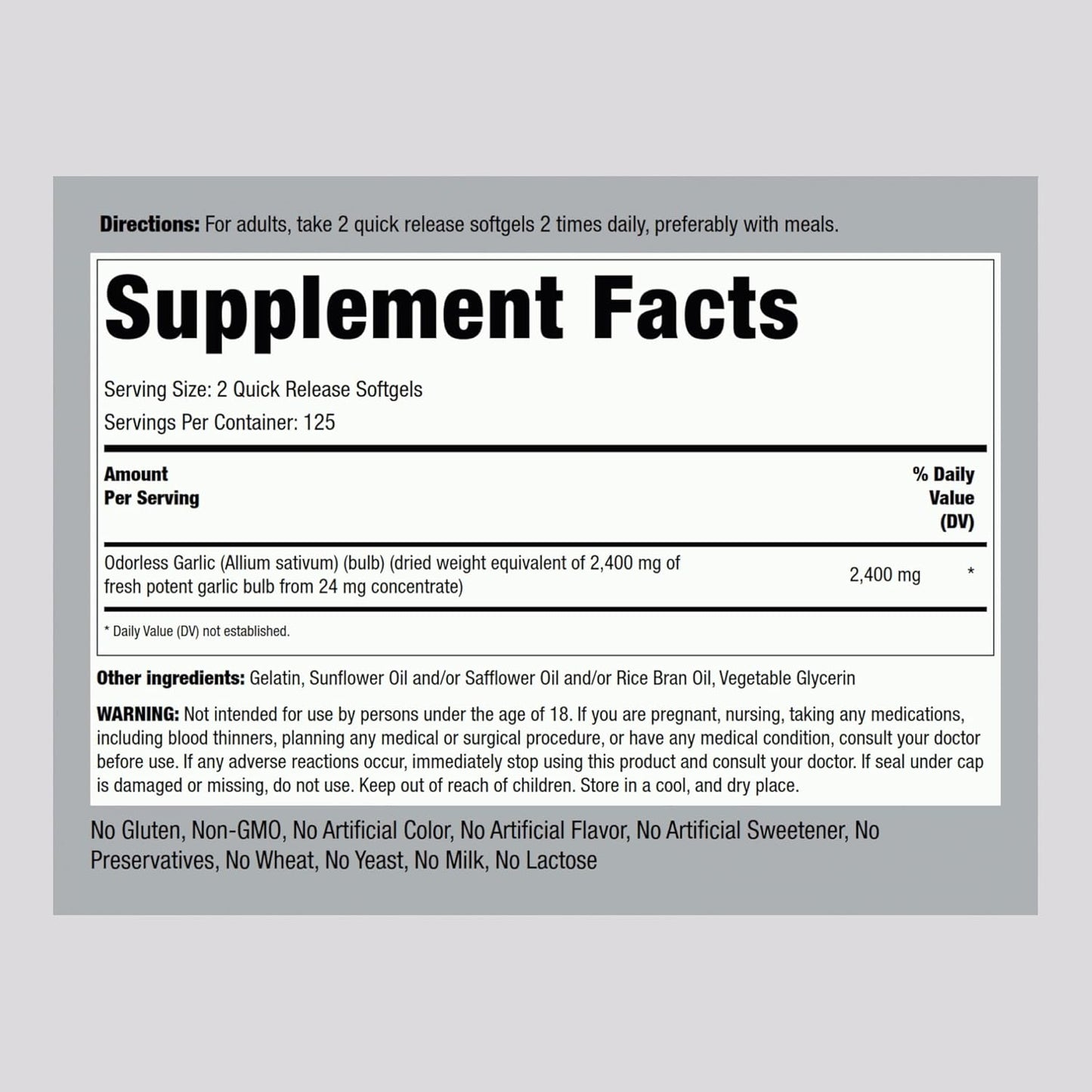 High Potency Piping Rock Odorless Garlic Softgels - 2400mg, 250 Pills - Herbal Supplement, Non-GMO, Gluten Free Extract