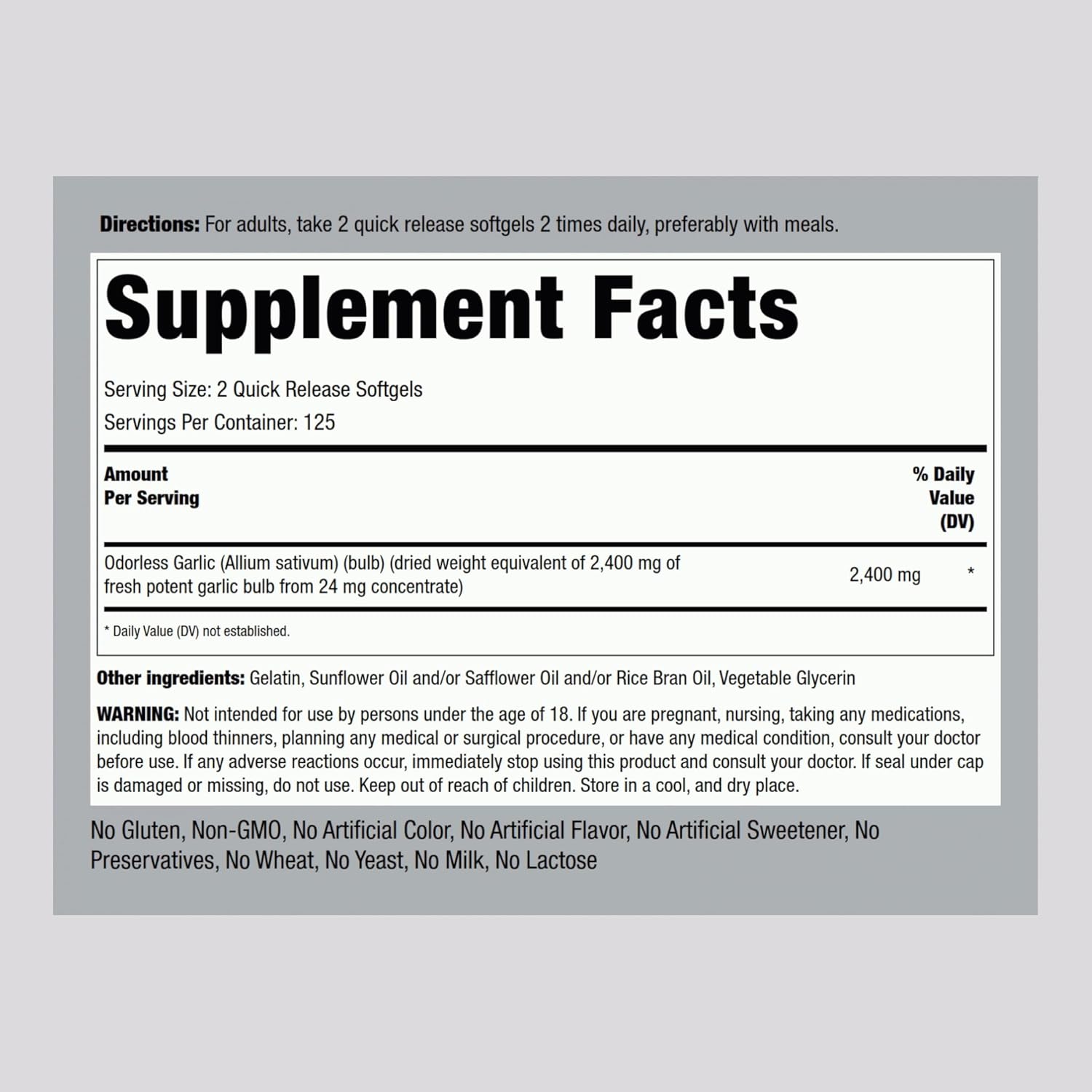 High Potency Piping Rock Odorless Garlic Softgels - 2400mg, 250 Pills - Herbal Supplement, Non-GMO, Gluten Free Extract