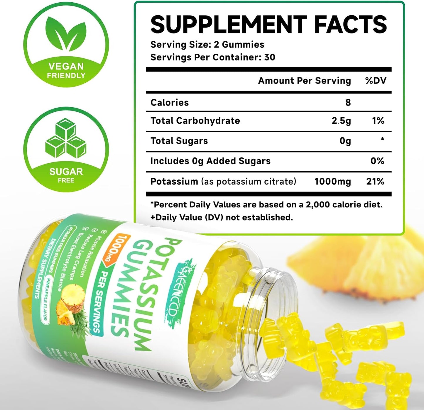 High Potency Potassium Citrate Gummies for Adults, 1000mg, Sugar-Free Pineapple Flavor, 60 Count, Supports Leg Cramps & Muscle Health