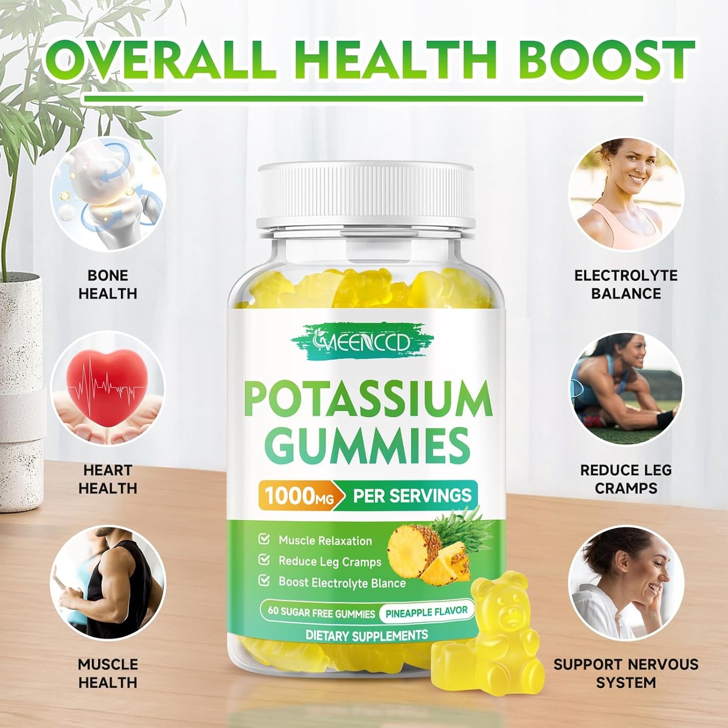 High Potency Potassium Citrate Gummies for Adults, 1000mg, Sugar-Free Pineapple Flavor, 60 Count, Supports Leg Cramps & Muscle Health