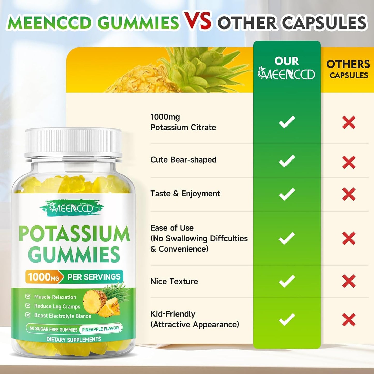 High Potency Potassium Citrate Gummies for Adults, 1000mg, Sugar-Free Pineapple Flavor, 60 Count, Supports Leg Cramps & Muscle Health