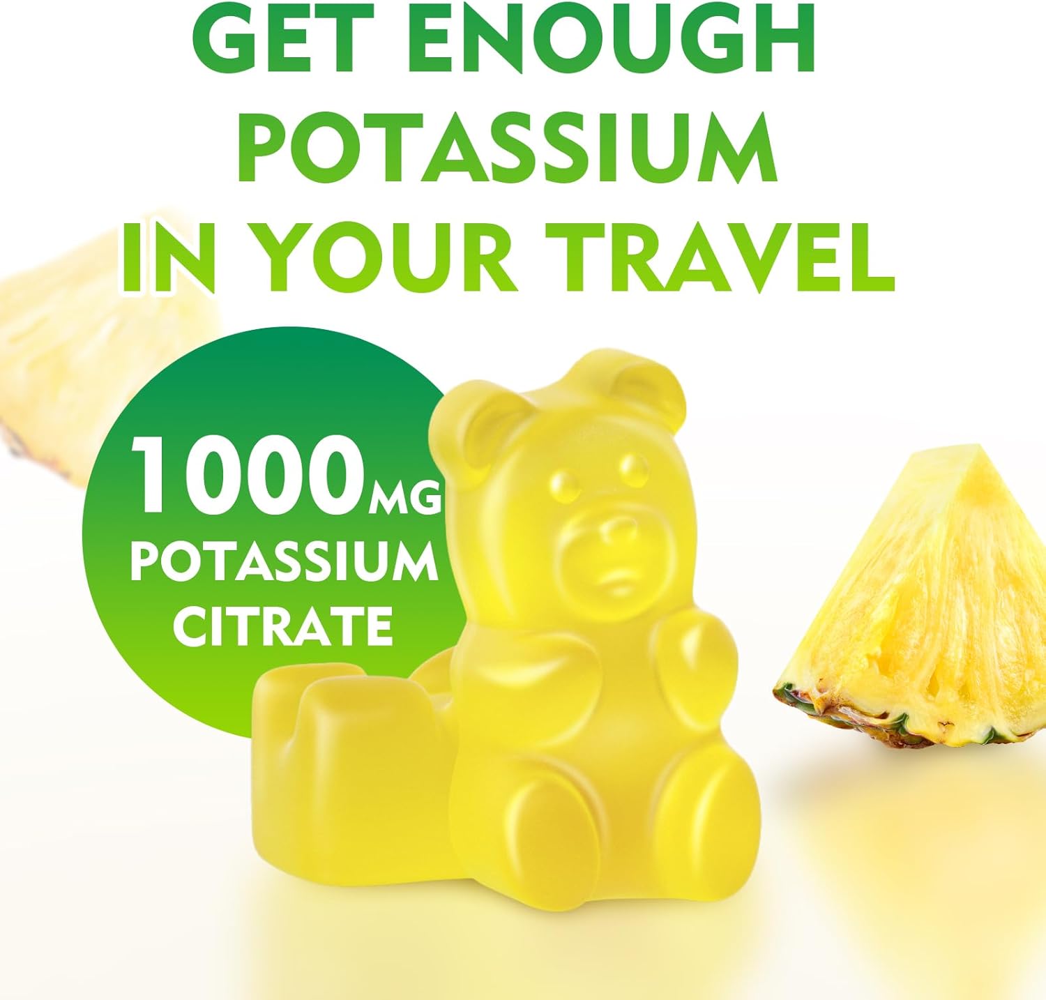 High Potency Potassium Citrate Gummies for Adults, 1000mg, Sugar-Free Pineapple Flavor, 60 Count, Supports Leg Cramps & Muscle Health