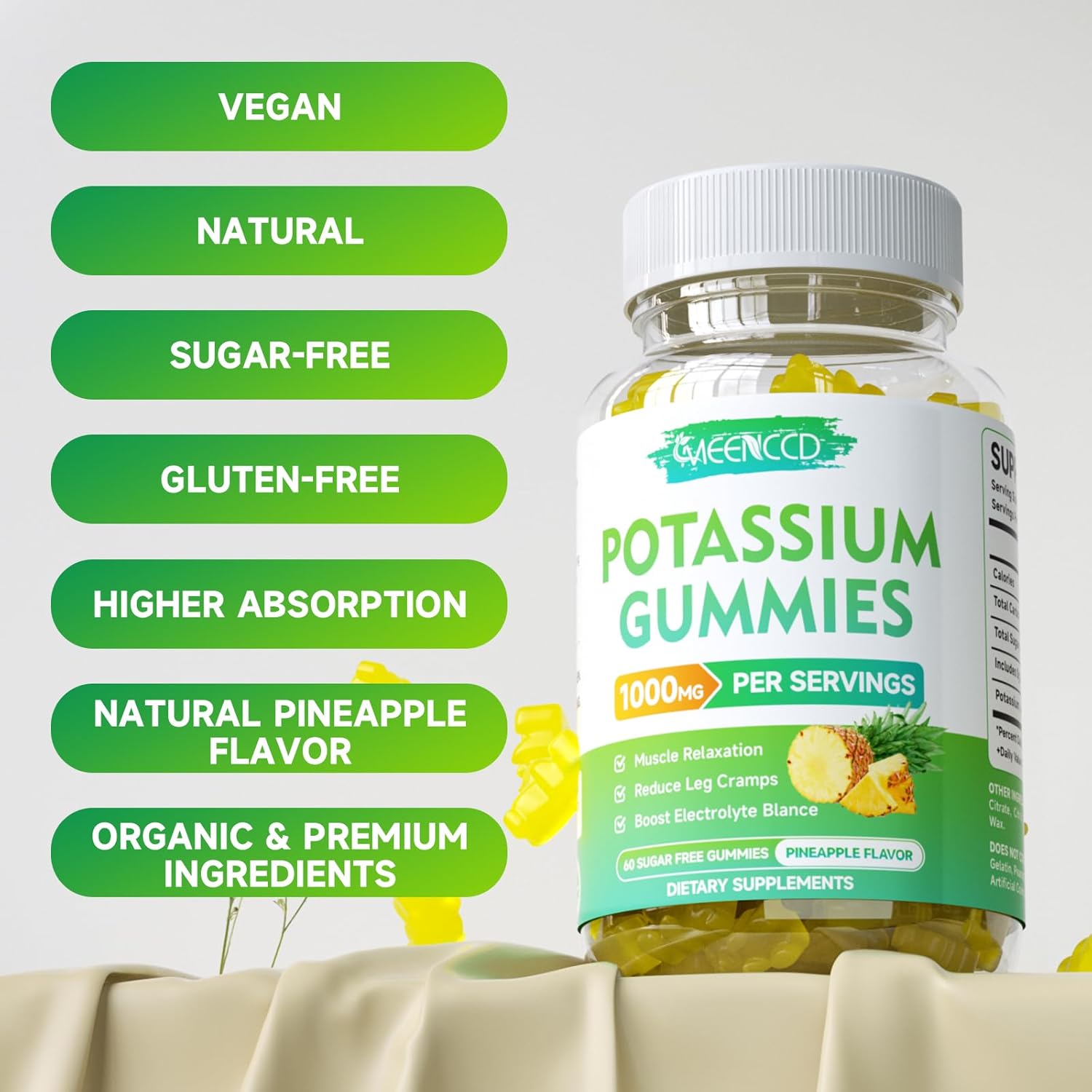 High Potency Potassium Citrate Gummies for Adults, 1000mg, Sugar-Free Pineapple Flavor, 60 Count, Supports Leg Cramps & Muscle Health