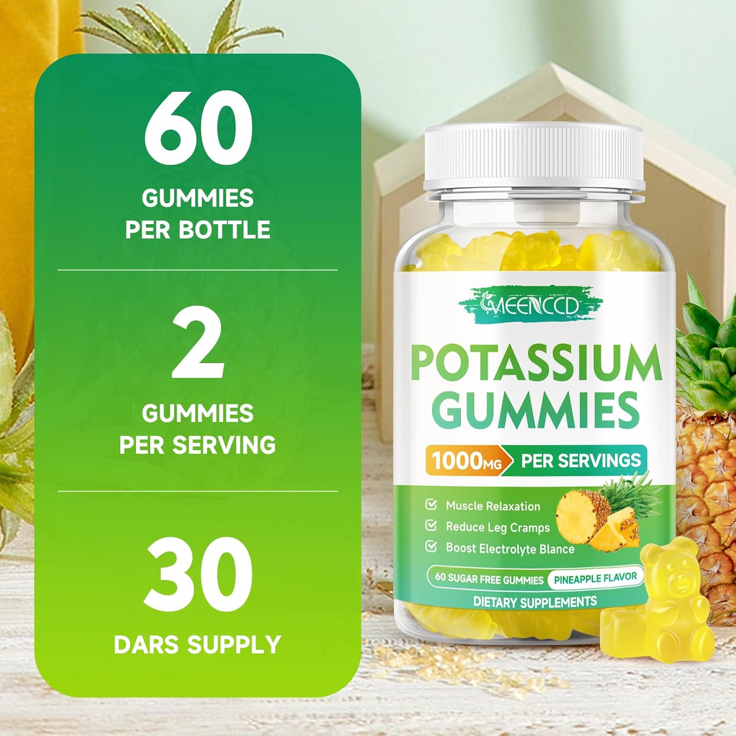 High Potency Potassium Citrate Gummies for Adults, 1000mg, Sugar-Free Pineapple Flavor, 60 Count, Supports Leg Cramps & Muscle Health