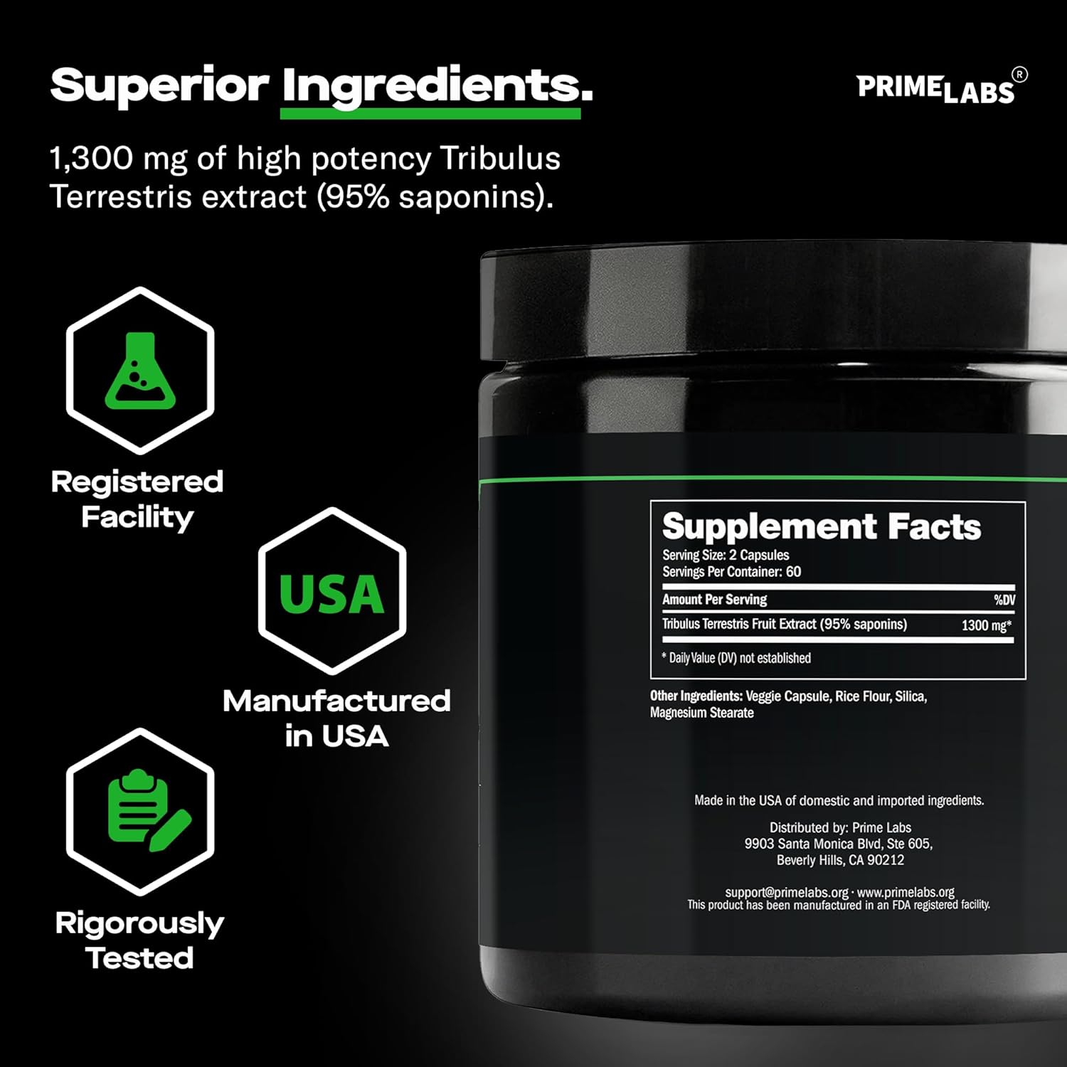 High Potency Prime Labs Tribulus Terrestris for Men - 1300mg with 95% Saponins - Boost Energy, Vitality, Strength - 120 Capsules