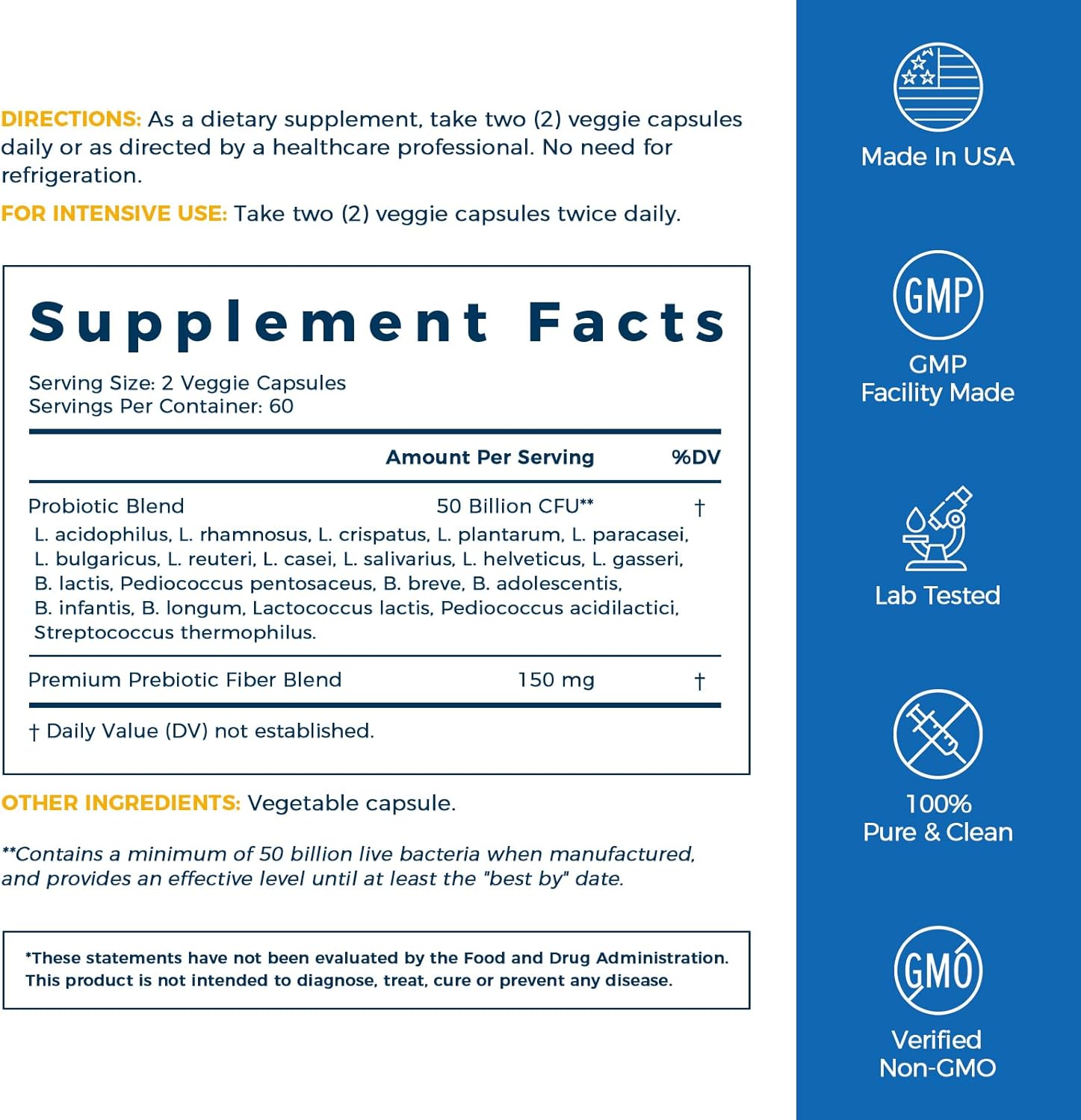 High Potency Probiotic Supplement with 50 Billion CFU, 20 Strains, 120 Capsules, Targeted Release, Acid Resistant, No Refrigeration Needed, Non-GMO, Gluten Free - 1 Pack