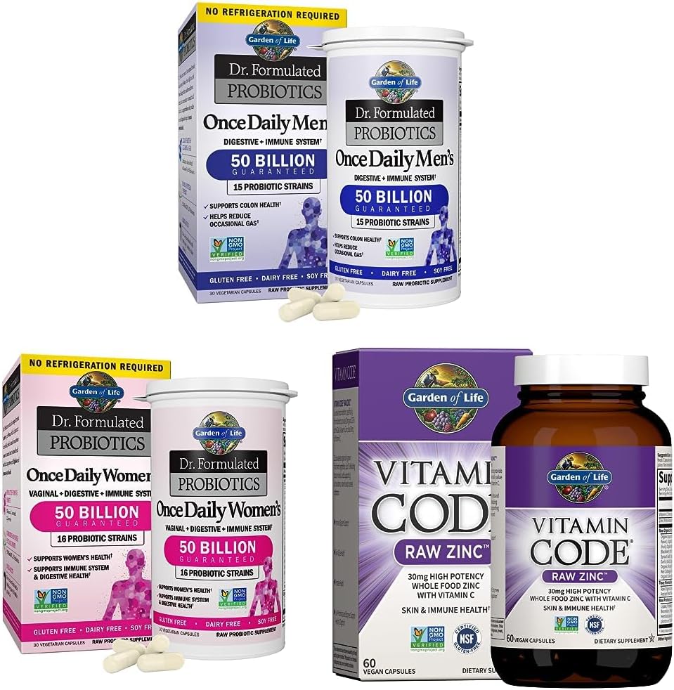 High Potency Probiotics & Zinc Supplements Combo - 30 Capsules Each - Vegan Multimineral Supplement with Vitamin C - Dr. Formulated & Raw