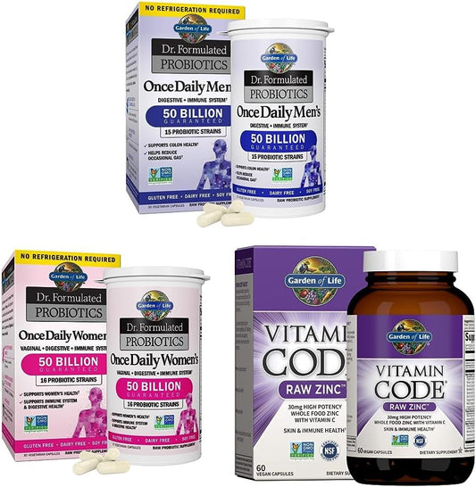 High Potency Probiotics & Zinc Supplements Combo - 30 Capsules Each - Vegan Multimineral Supplement with Vitamin C - Dr. Formulated & Raw
