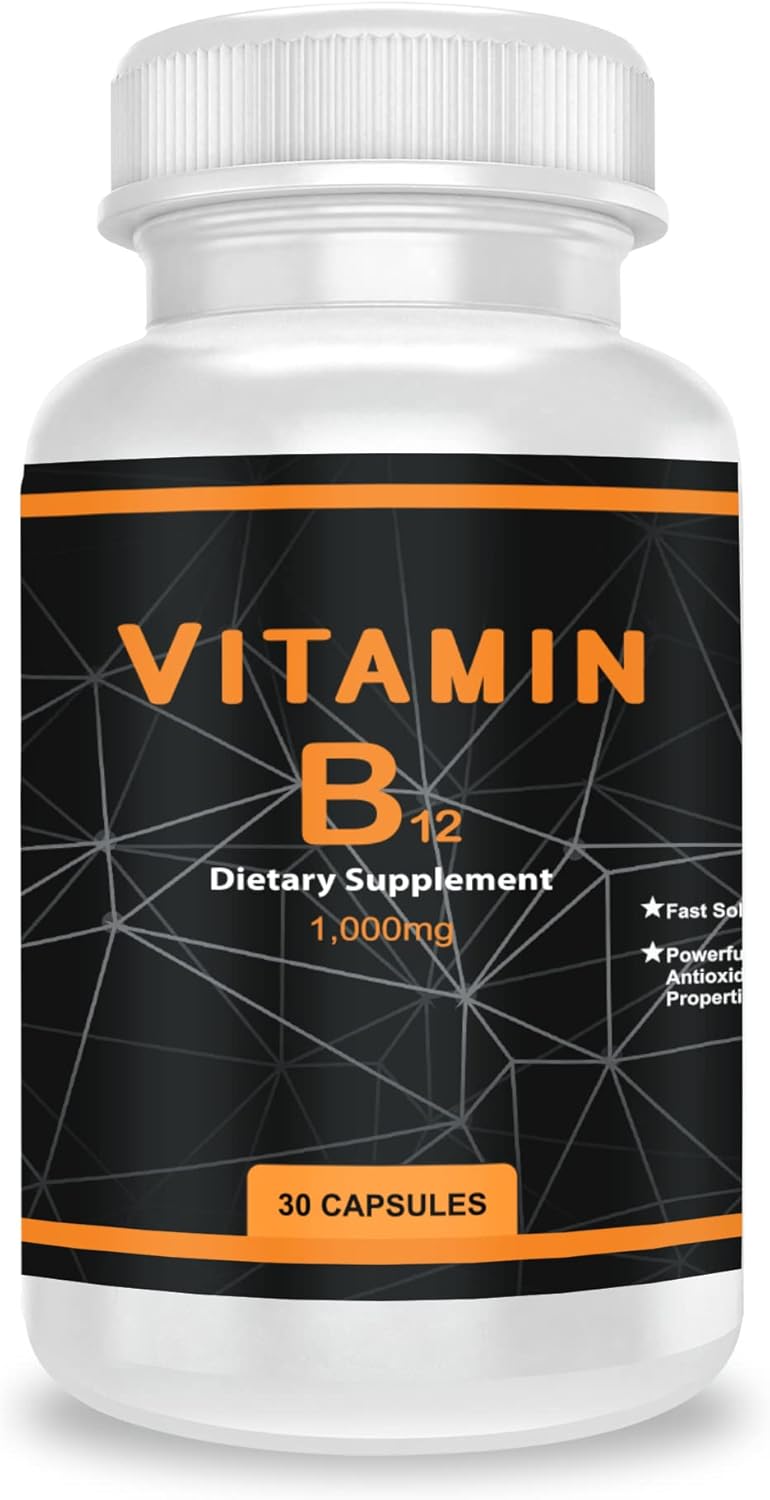 High Potency QEI Vitamin B12 1000mg Capsules for Energy and Nervous System Support - 30 Count