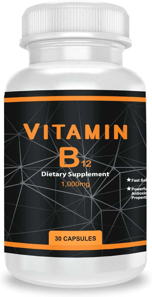 High Potency QEI Vitamin B12 1000mg Capsules for Energy and Nervous System Support - 30 Count