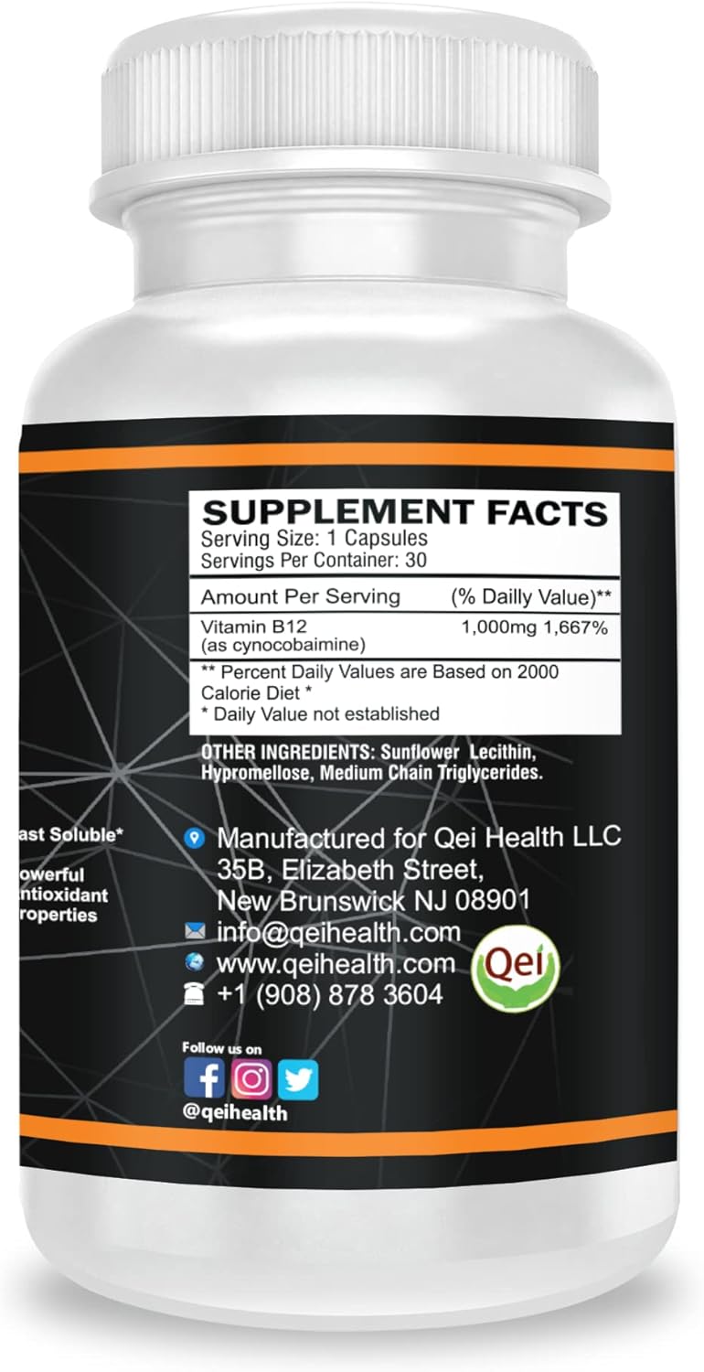 High Potency QEI Vitamin B12 1000mg Capsules for Energy and Nervous System Support - 30 Count