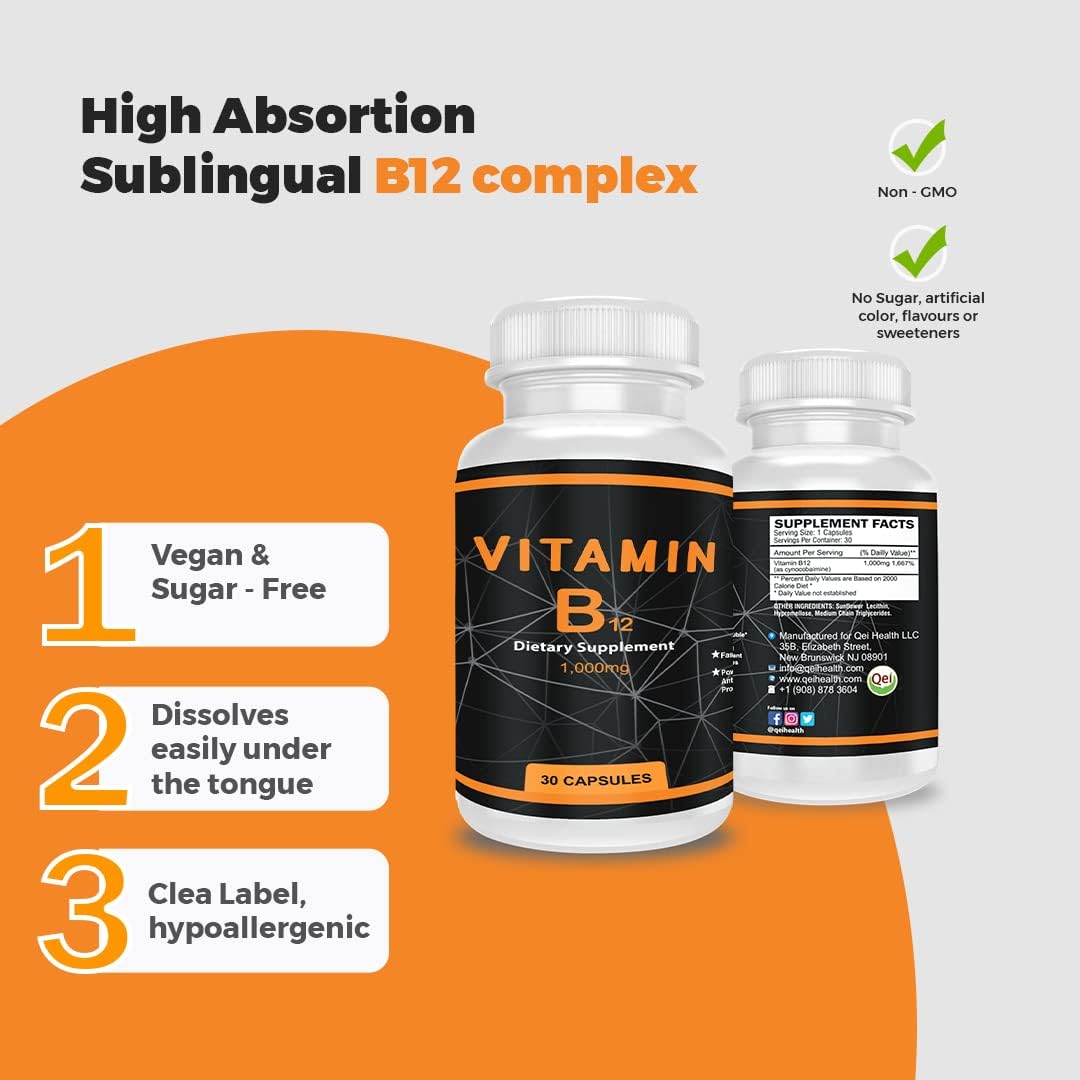 High Potency QEI Vitamin B12 1000mg Capsules for Energy and Nervous System Support - 30 Count