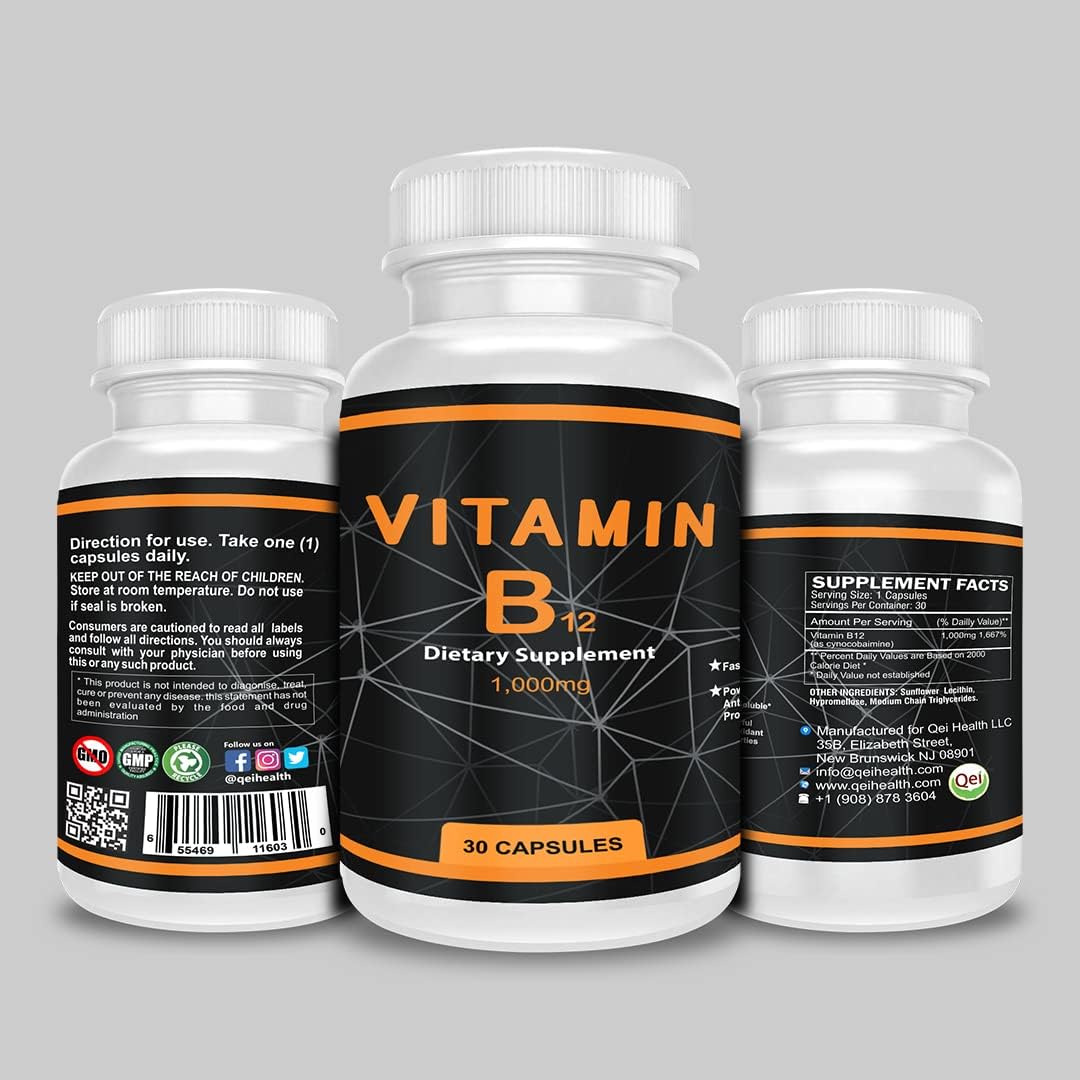 High Potency QEI Vitamin B12 1000mg Capsules for Energy and Nervous System Support - 30 Count