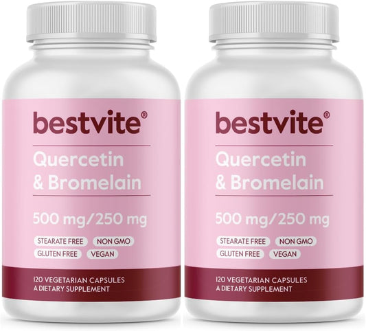 High Potency Quercetin and Bromelain Supplement (2 Bottles of 120 Capsules Each) - Vegan, Non-GMO, Gluten-Free, No Stearates or Silicon Dioxide - 500mg/250mg