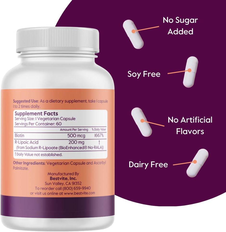 High Potency R-Lipoic Acid 200mg Capsules - 120 Vegetarian Capsules - Bio-Enhanced Na-RLA - Vegan, Gluten Free, Non GMO - No Stearates or Fillers