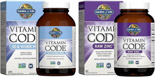 High Potency Raw Zinc and Vitamin C Multimineral Supplement for Men Over 50 - Garden of Life Vitamin Code 50 & Zinc 30mg