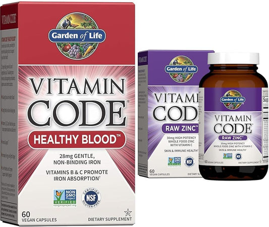 High Potency Raw Zinc & Vitamin C Multimineral Supplement - Garden of Life Vitamin Code Healthy Blood Capsules, 60ct & Zinc Supplements, 30mg