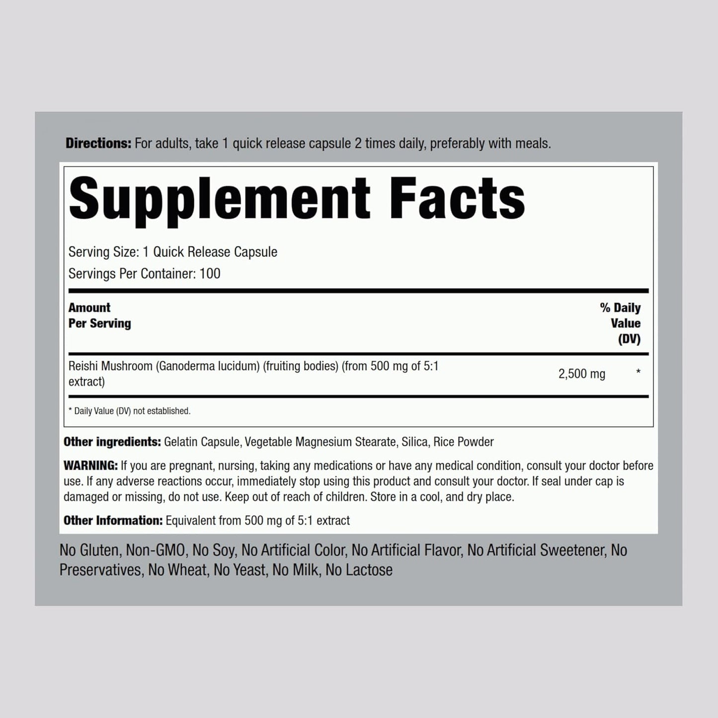 High Potency Reishi Mushroom Supplement | 2500mg | 100 Capsules | Herbal Extract with Ganoderma Lucidum | Non GMO, Gluten Free