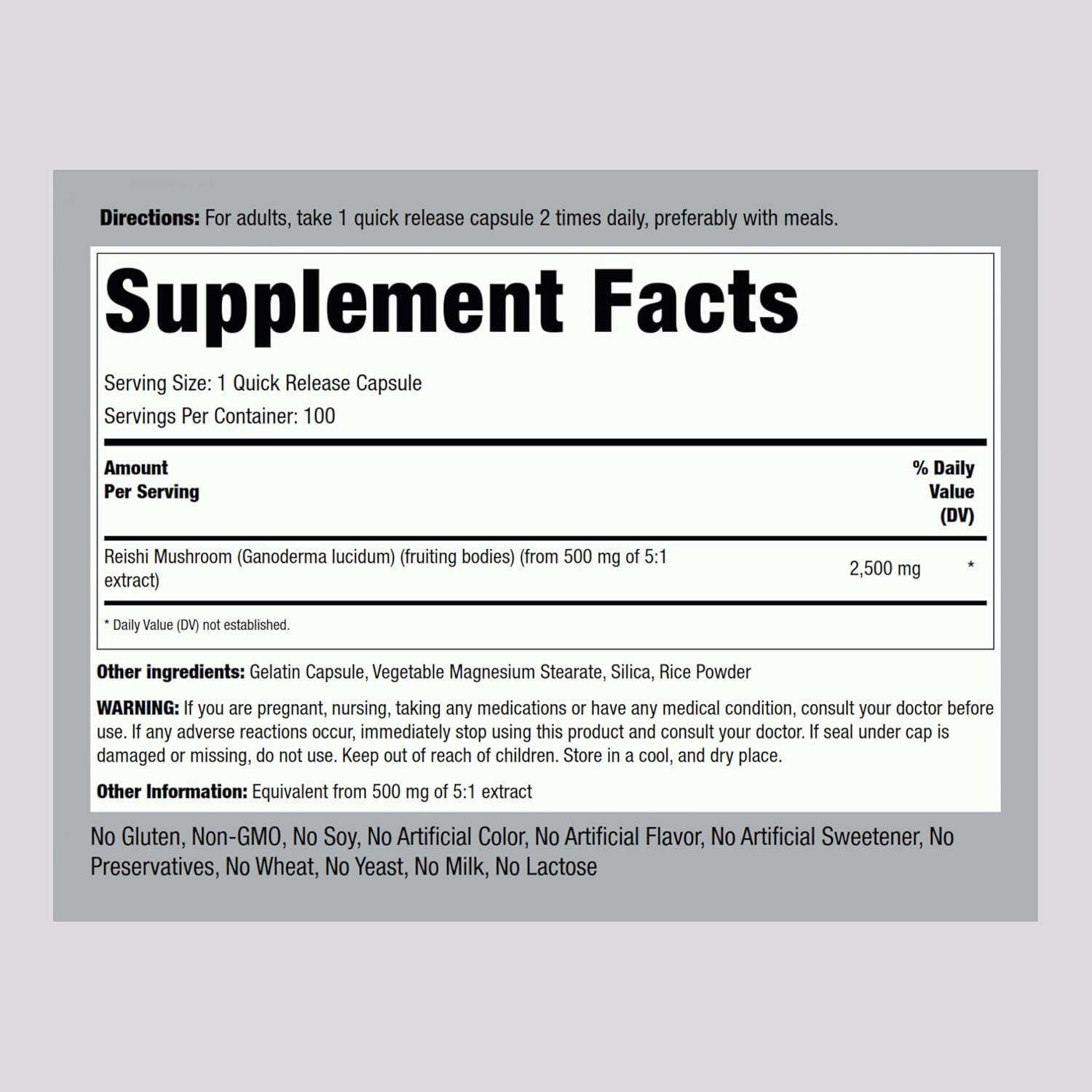High Potency Reishi Mushroom Supplement | 2500mg | 100 Capsules | Herbal Extract with Ganoderma Lucidum | Non GMO, Gluten Free