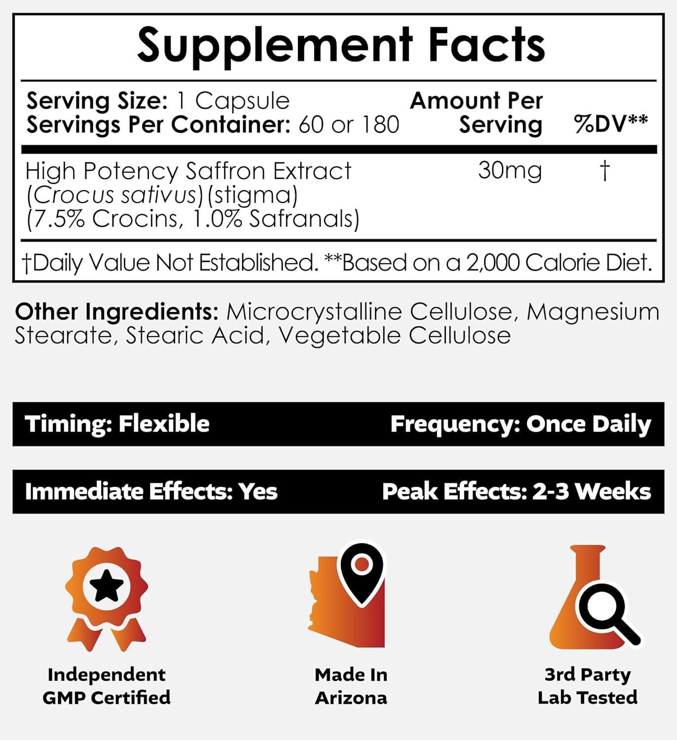 High-Potency Saffron Extract Capsules | 30mg | Crocus Sativus | 60 Count | 7.5% Crocins & 1% Safranals