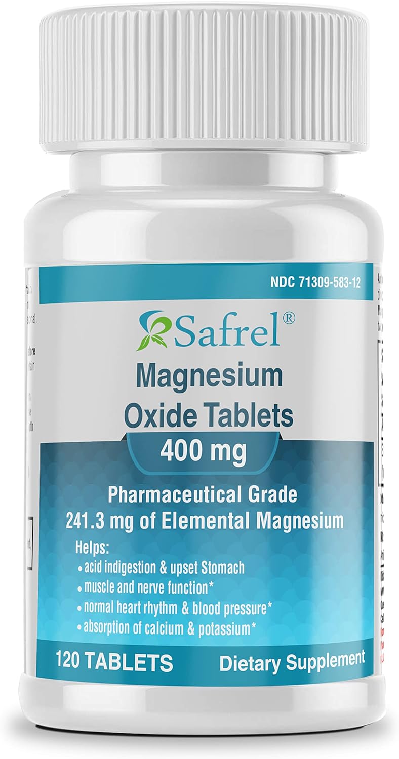 High Potency Safrel Magnesium Oxide Supplement for Immune Support, Muscle Recovery, Leg Cramps, Relaxation - 120 Tablets