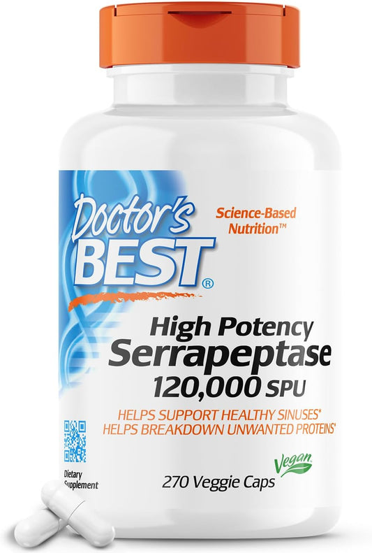 High Potency Serrapeptase Capsules for Sinus Health - Non-GMO & Vegan Formula by Doctor's BEST (270 count)