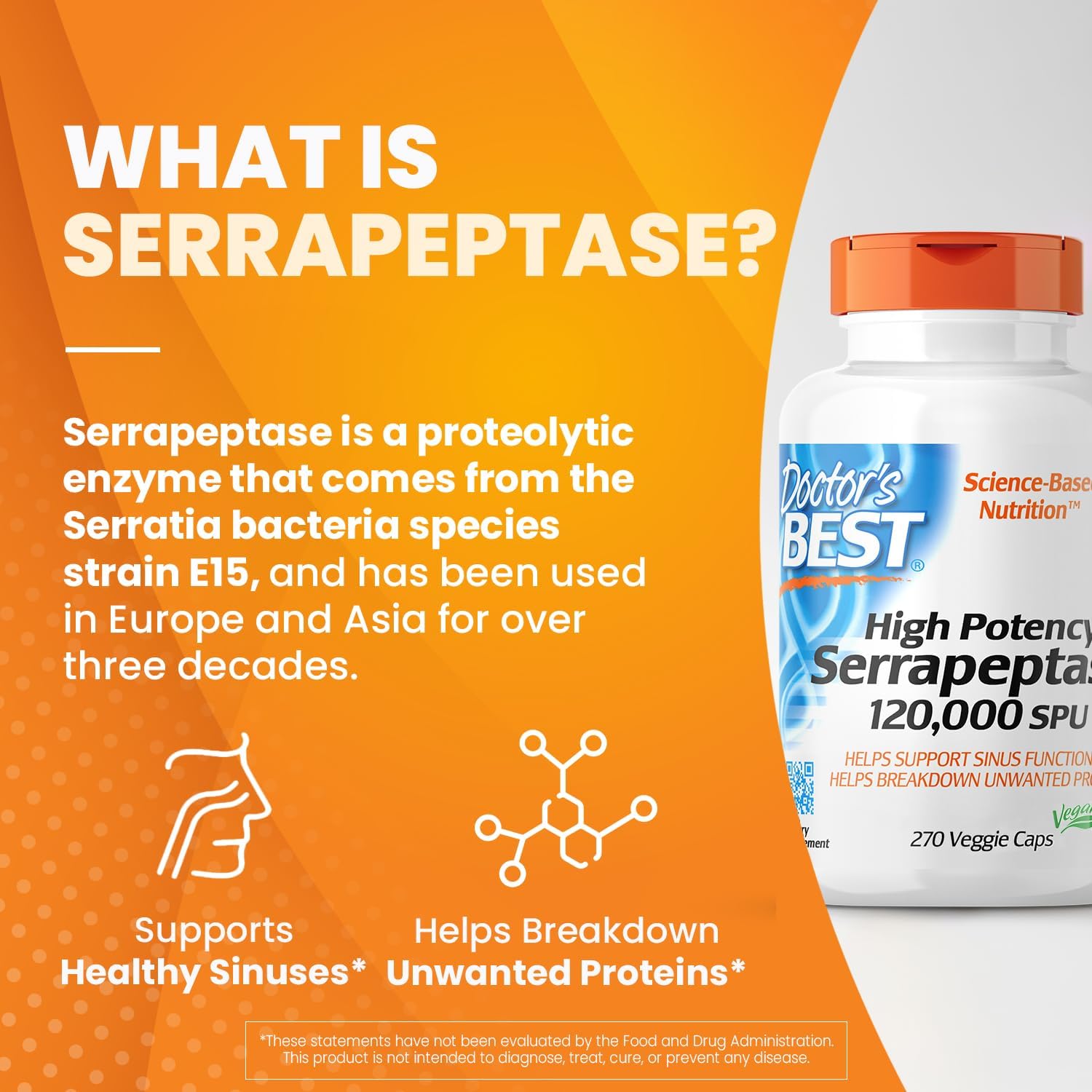 High Potency Serrapeptase Capsules for Sinus Health - Non-GMO & Vegan Formula by Doctor's BEST (270 count)