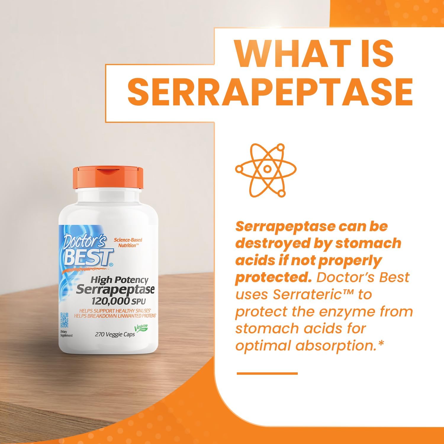 High Potency Serrapeptase Capsules for Sinus Health - Non-GMO & Vegan Formula by Doctor's BEST (270 count)