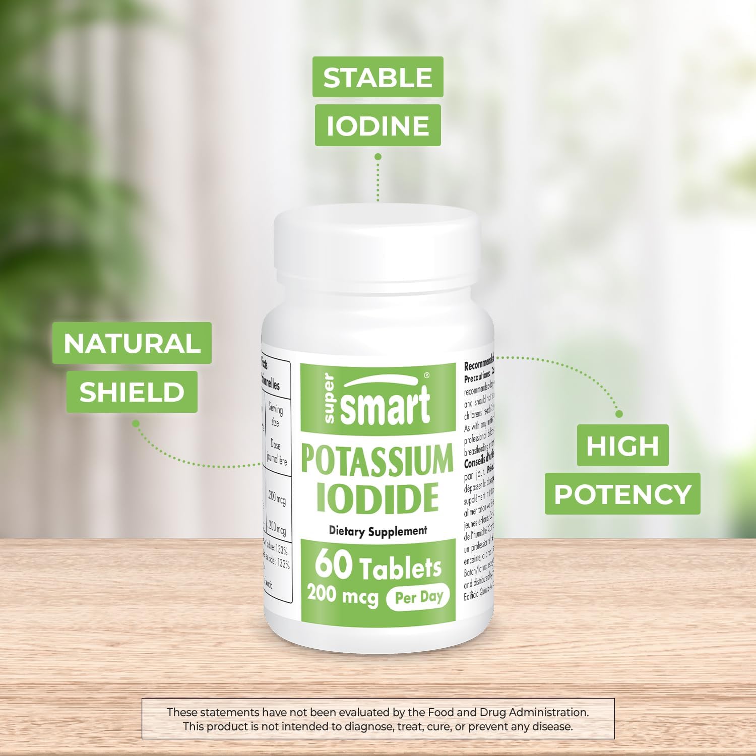 High Potency Shield: SuperSmart Potassium Iodide KI 200mcg Daily - Stable Iodine Supplement, Non-GMO & Gluten Free - 60 Tablets