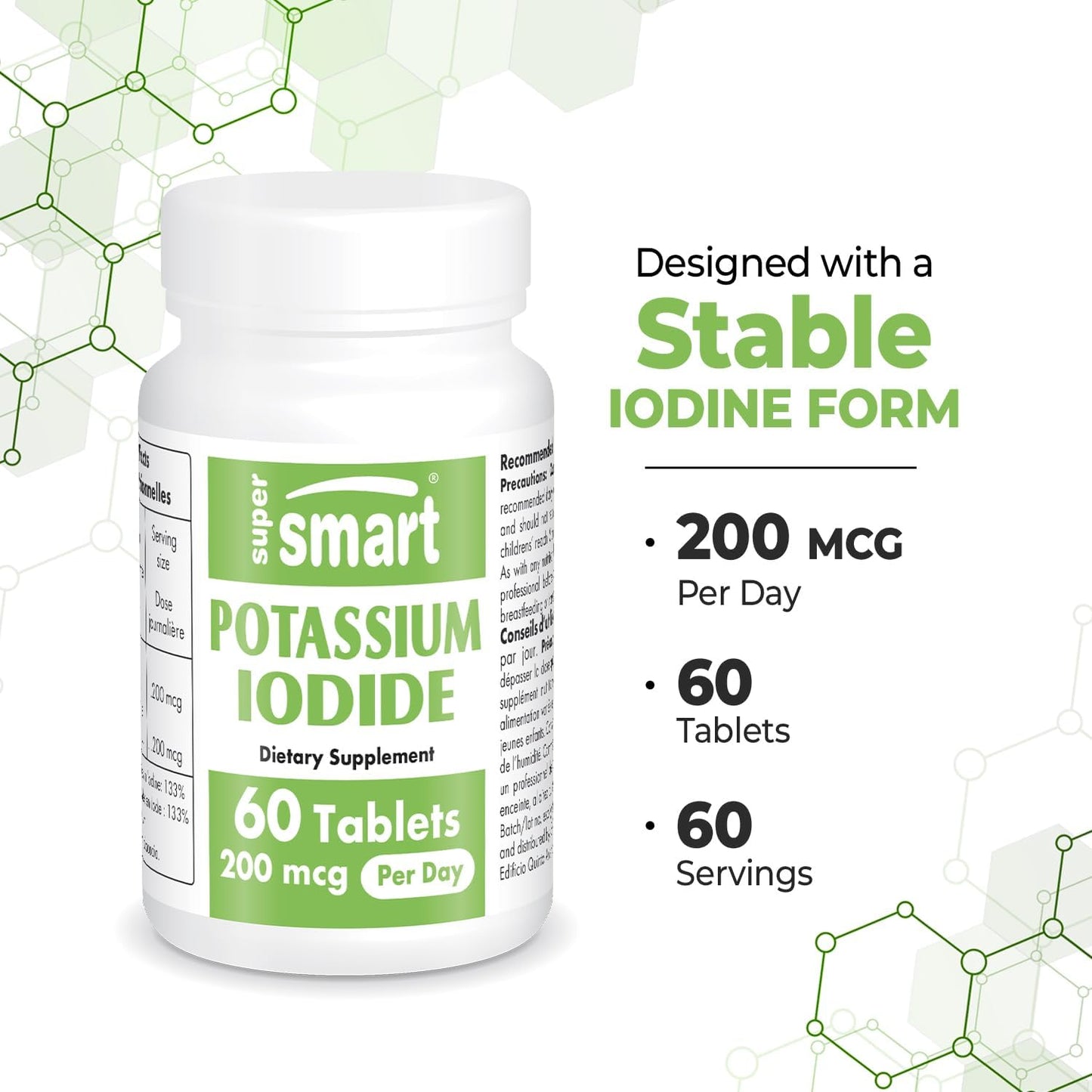 High Potency Shield: SuperSmart Potassium Iodide KI 200mcg Daily - Stable Iodine Supplement, Non-GMO & Gluten Free - 60 Tablets