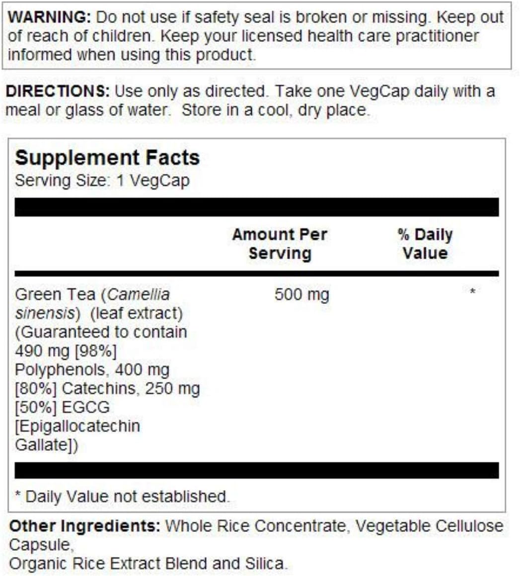 High Potency Solaray Green Tea Leaf Extract Veg Capsules 500mg - 30 Count Bottle