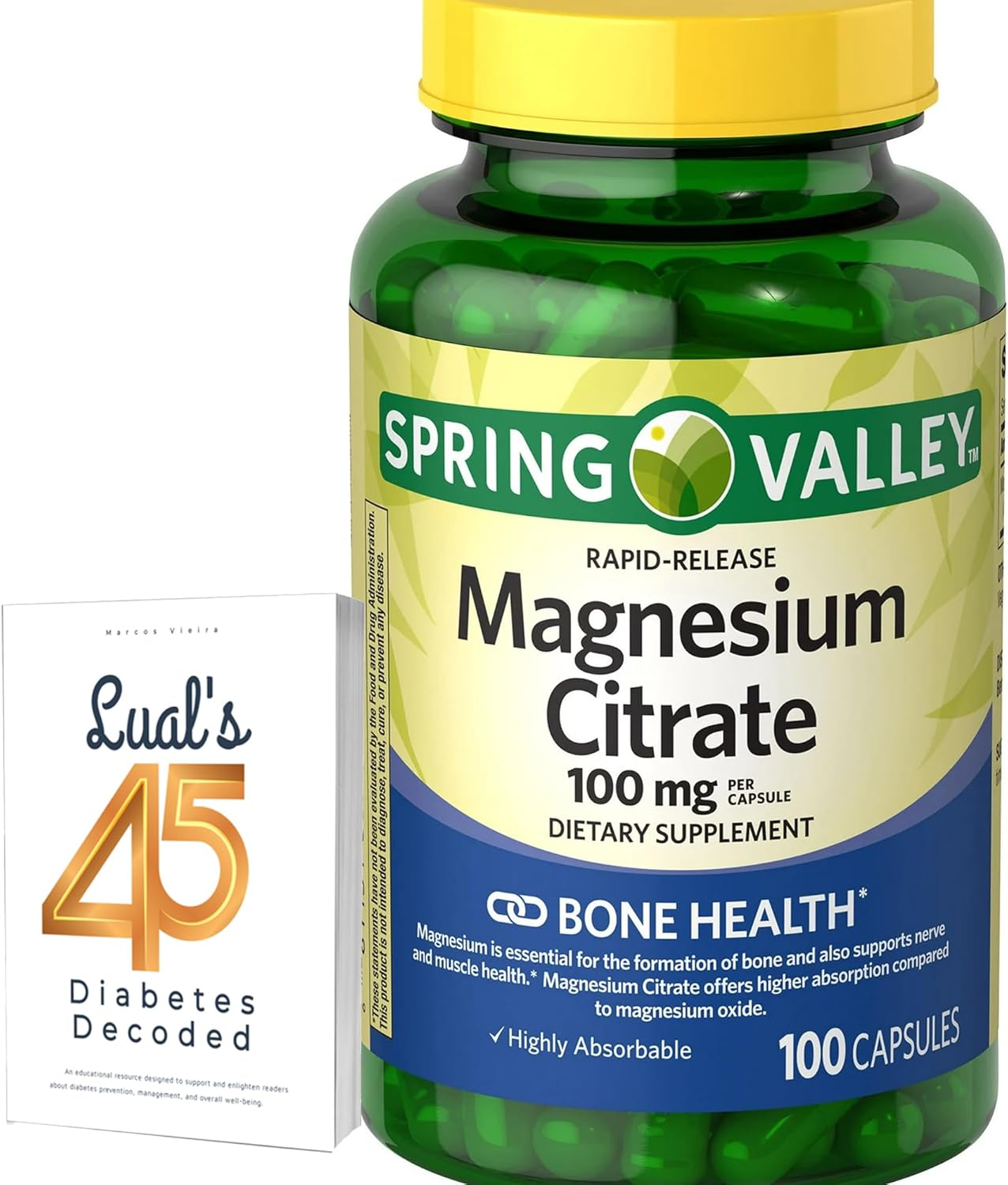 High Potency Spring Valley Magnesium Citrate Capsules for Women | 1000mg Supplement with 100 Capsules | Supports Healthy Magnesium Levels | Includes Lual's 45 Diabetes Decoded