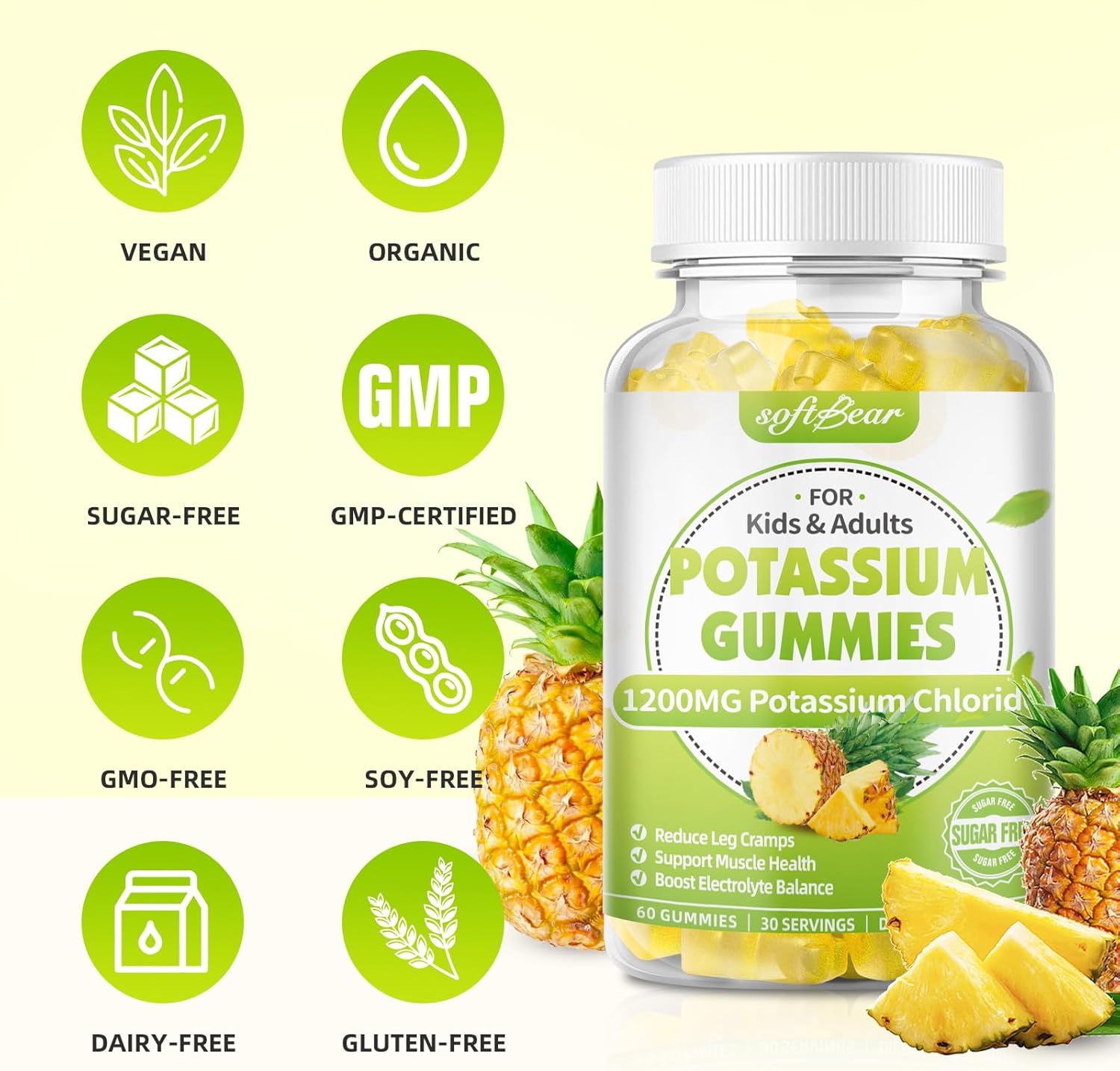 High-Potency Sugar-Free Pineapple Flavored Potassium Chloride Gummies for Adults - 1200mg, 60 Count