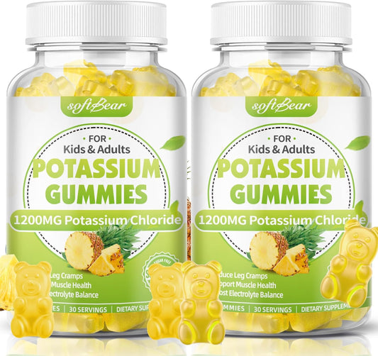 High Potency Sugar-Free Pineapple Potassium Gummies 1200mg - 120 Count - Leg Cramp Support for Adults - Softbear Potassium Chloride Supplement